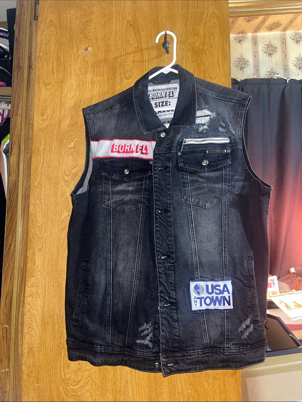 Born Fly Men's Denim Vest Size XL Black Wash Distressed News Paper